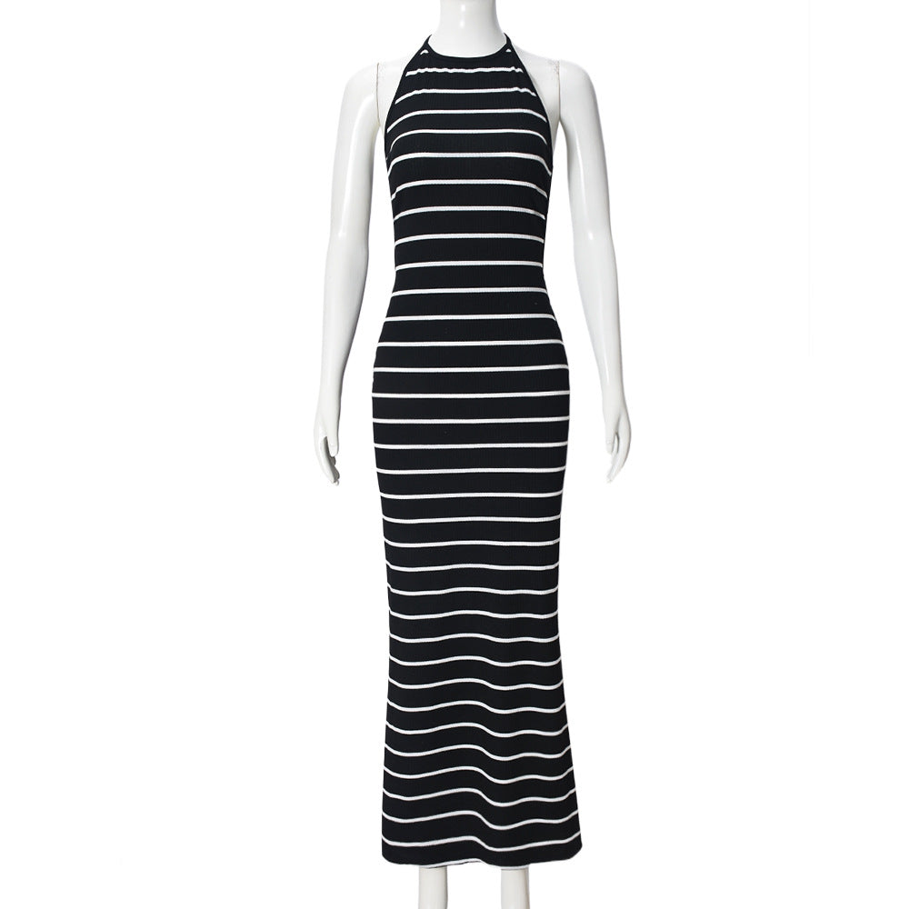 Black Striped Halter Maxi Dress