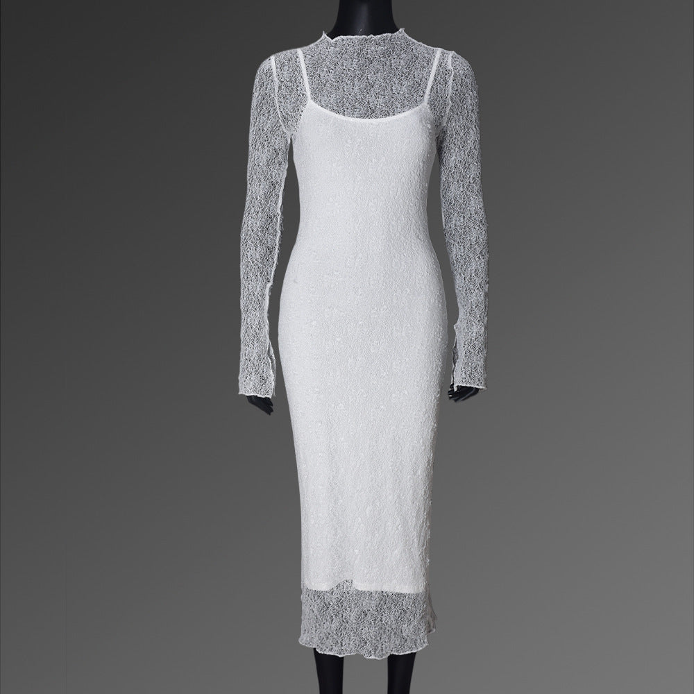 Lace Bodycon Dress with Sheer Long Sleeves