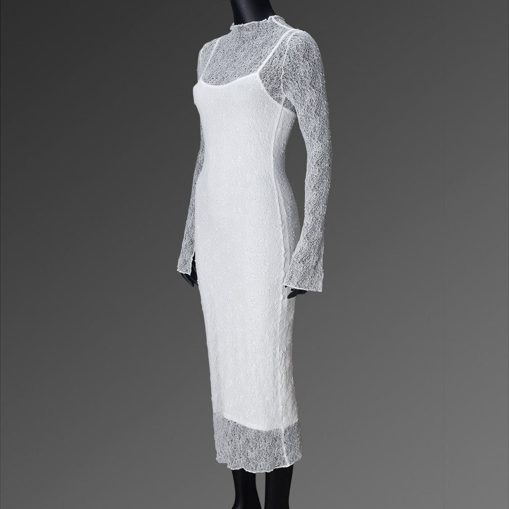 Lace Bodycon Dress with Sheer Long Sleeves