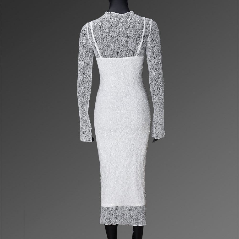 Lace Bodycon Dress with Sheer Long Sleeves