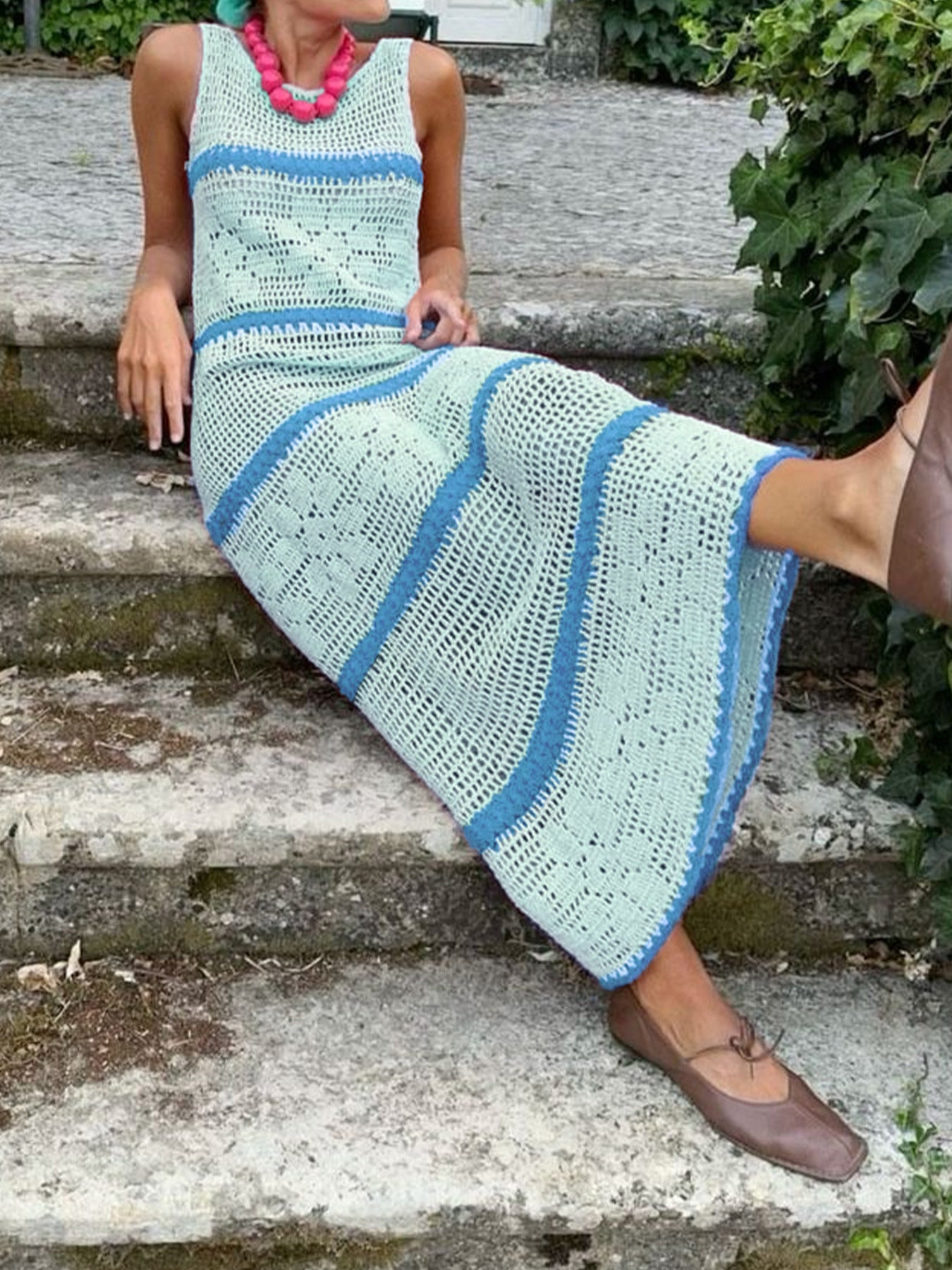 Bohemian Crochet Maxi Dress with Accents