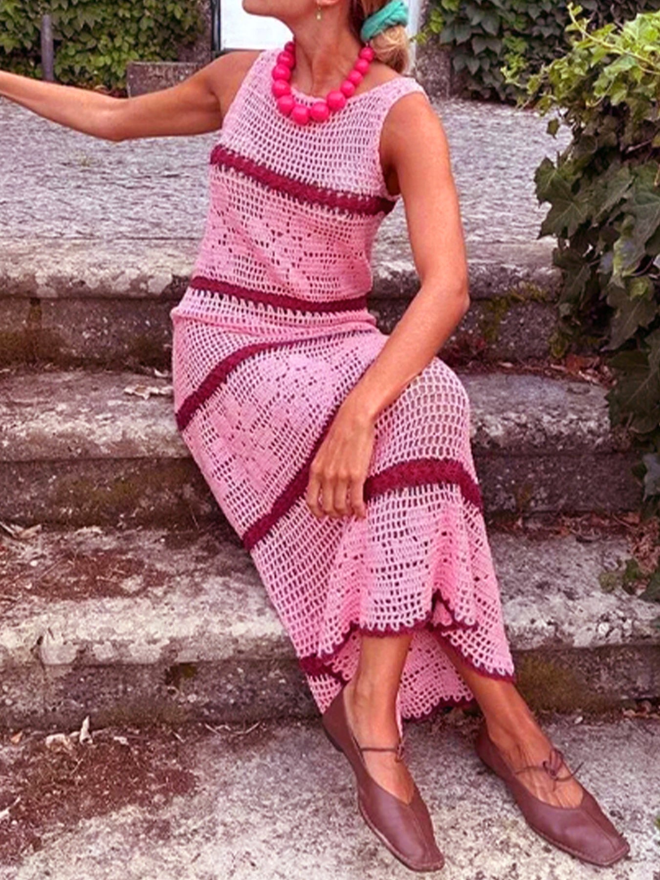 Bohemian Crochet Maxi Dress with Accents