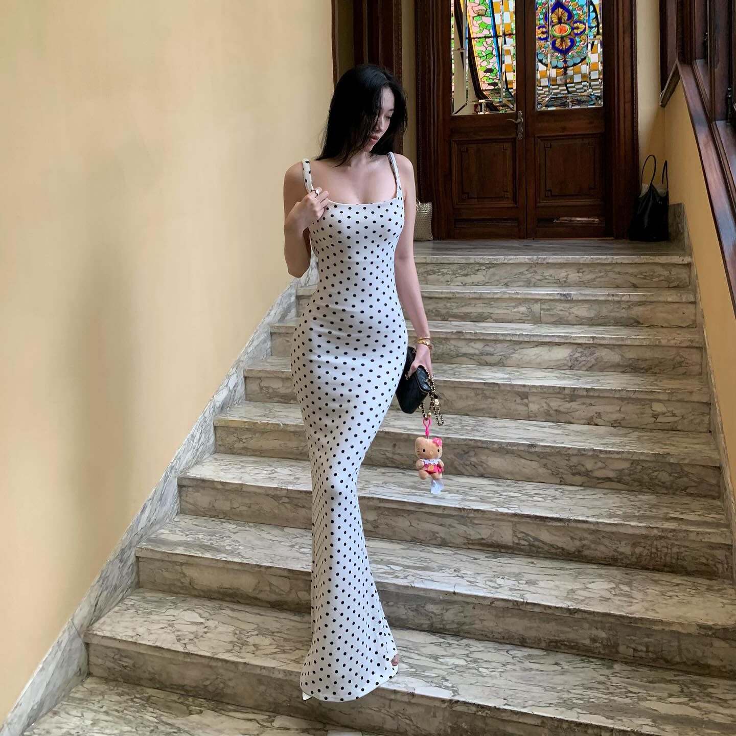 Polka Dot Maxi Dress with Bow Accent