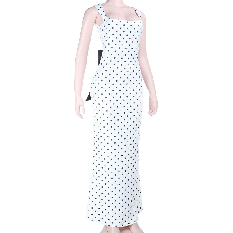 Polka Dot Maxi Dress with Bow Accent
