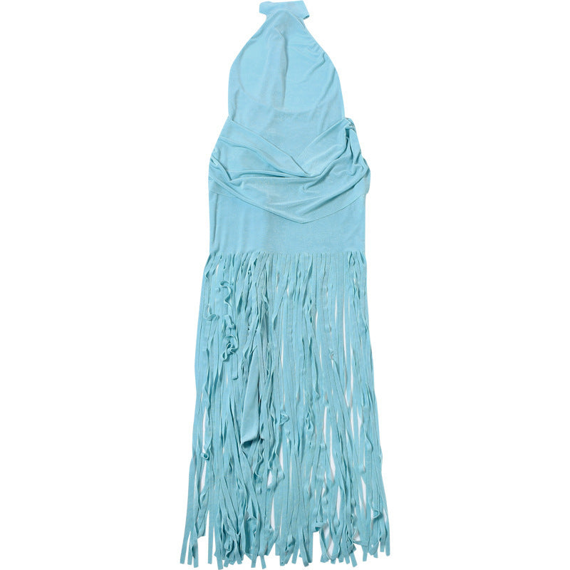 High-Neck Dress with Fringed Hem