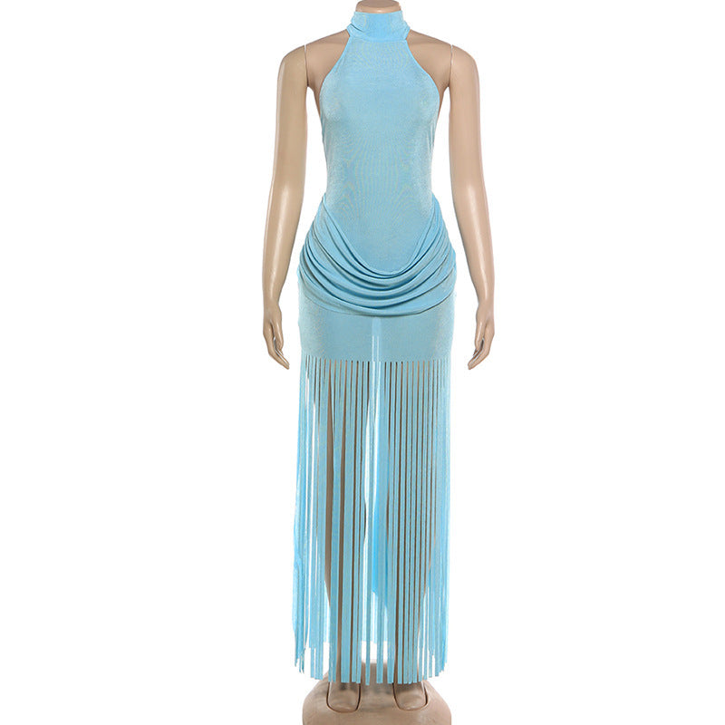 High-Neck Dress with Fringed Hem