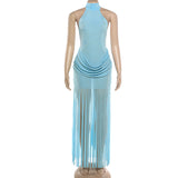 High-Neck Dress with Fringed Hem