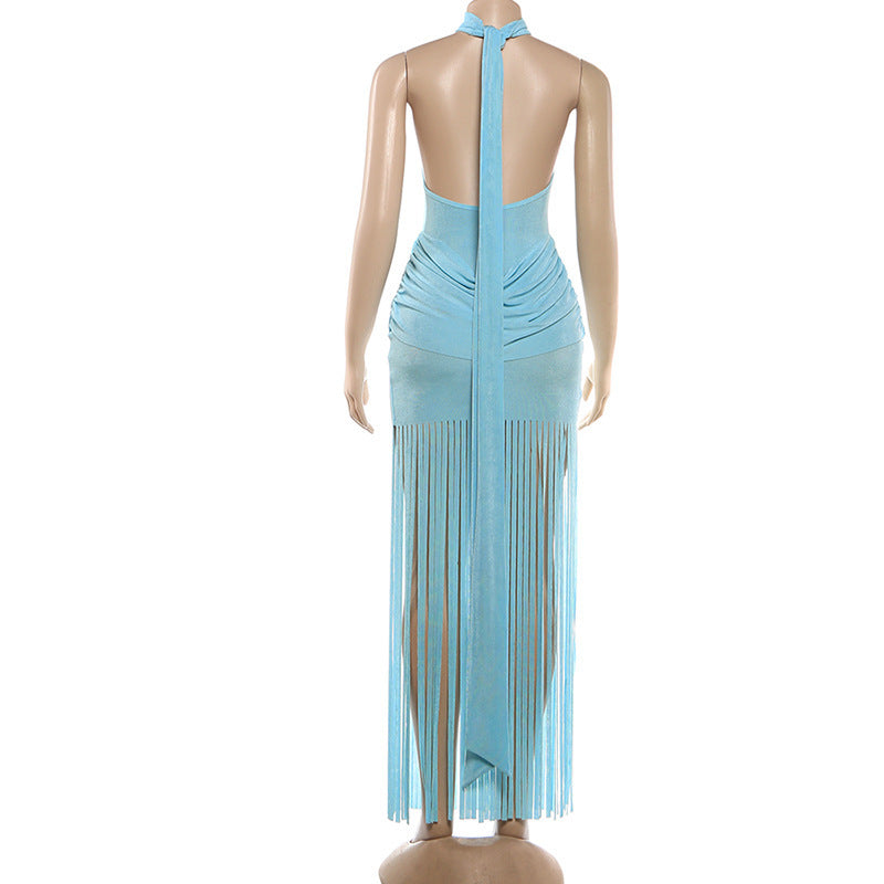High-Neck Dress with Fringed Hem