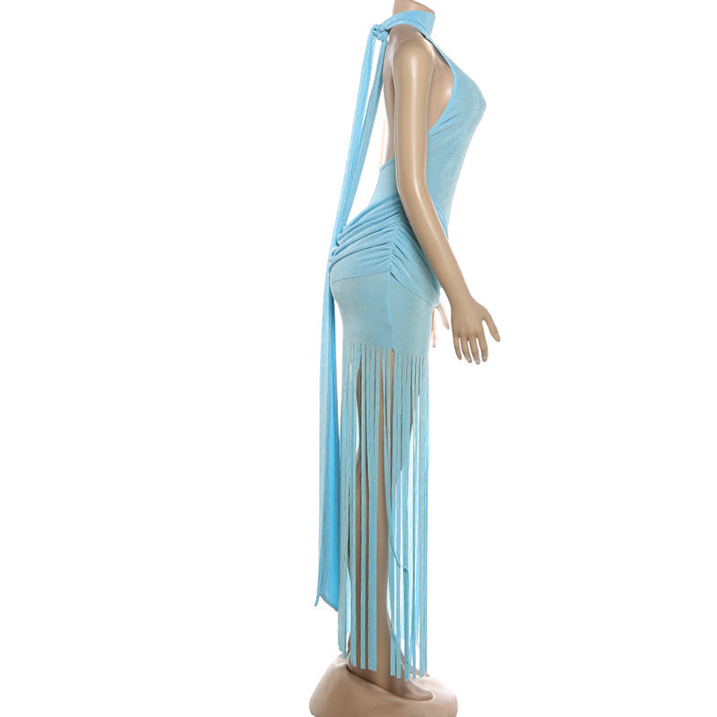 High-Neck Dress with Fringed Hem