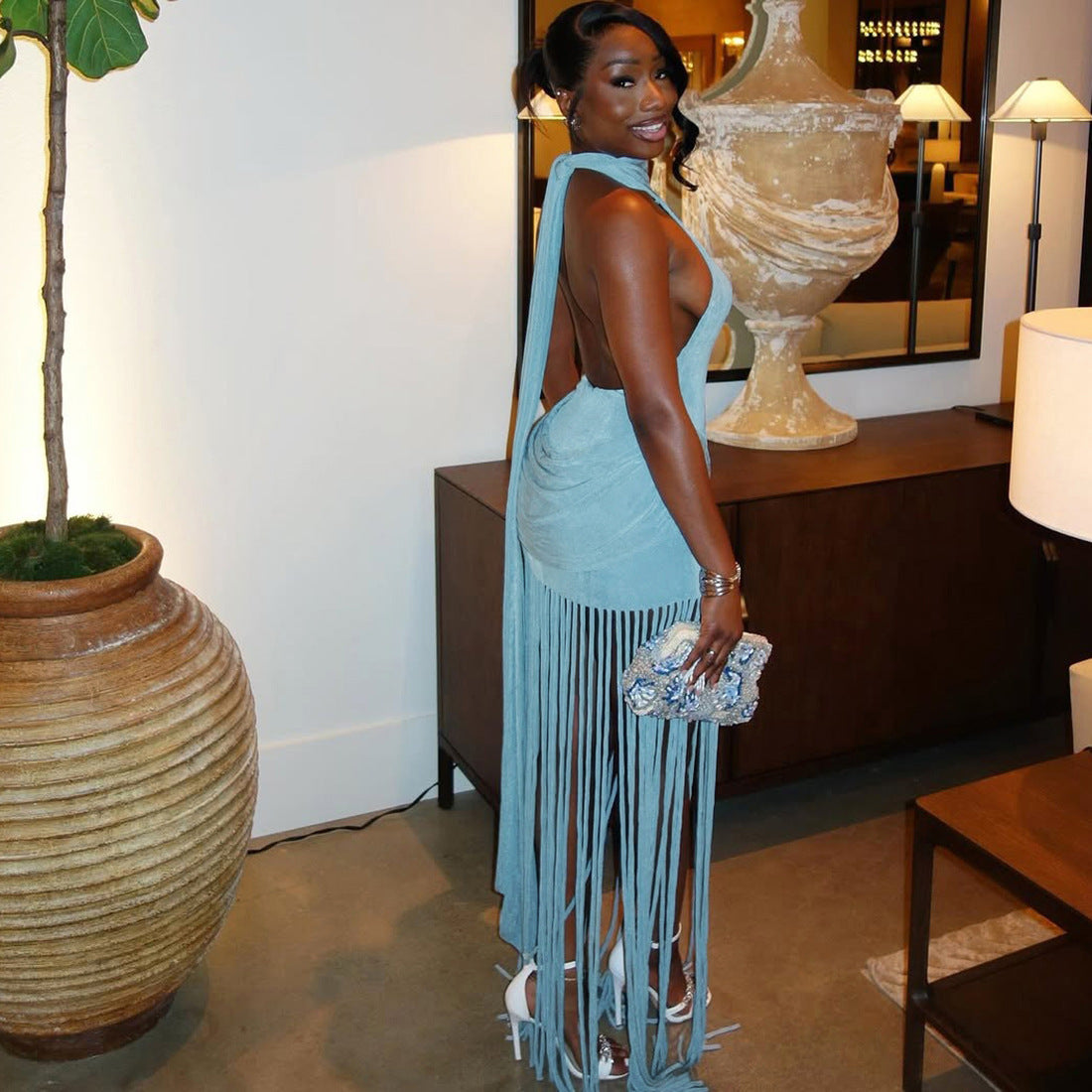 High-Neck Dress with Fringed Hem