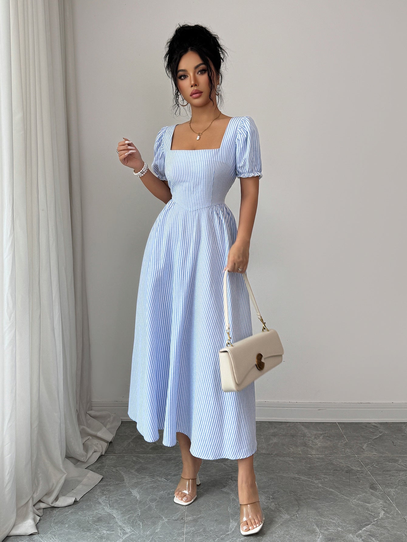 Elegant Blue Striped Maxi Dress
