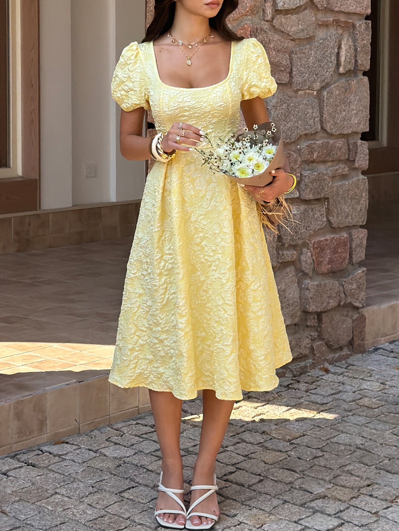 Textured Midi Dress with Puff Sleeves