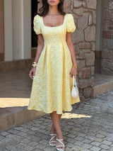 Textured Midi Dress with Puff Sleeves