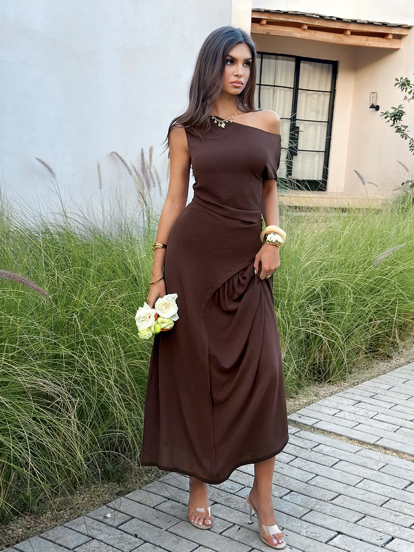 Chic Off-Shoulder Brown Maxi Dress