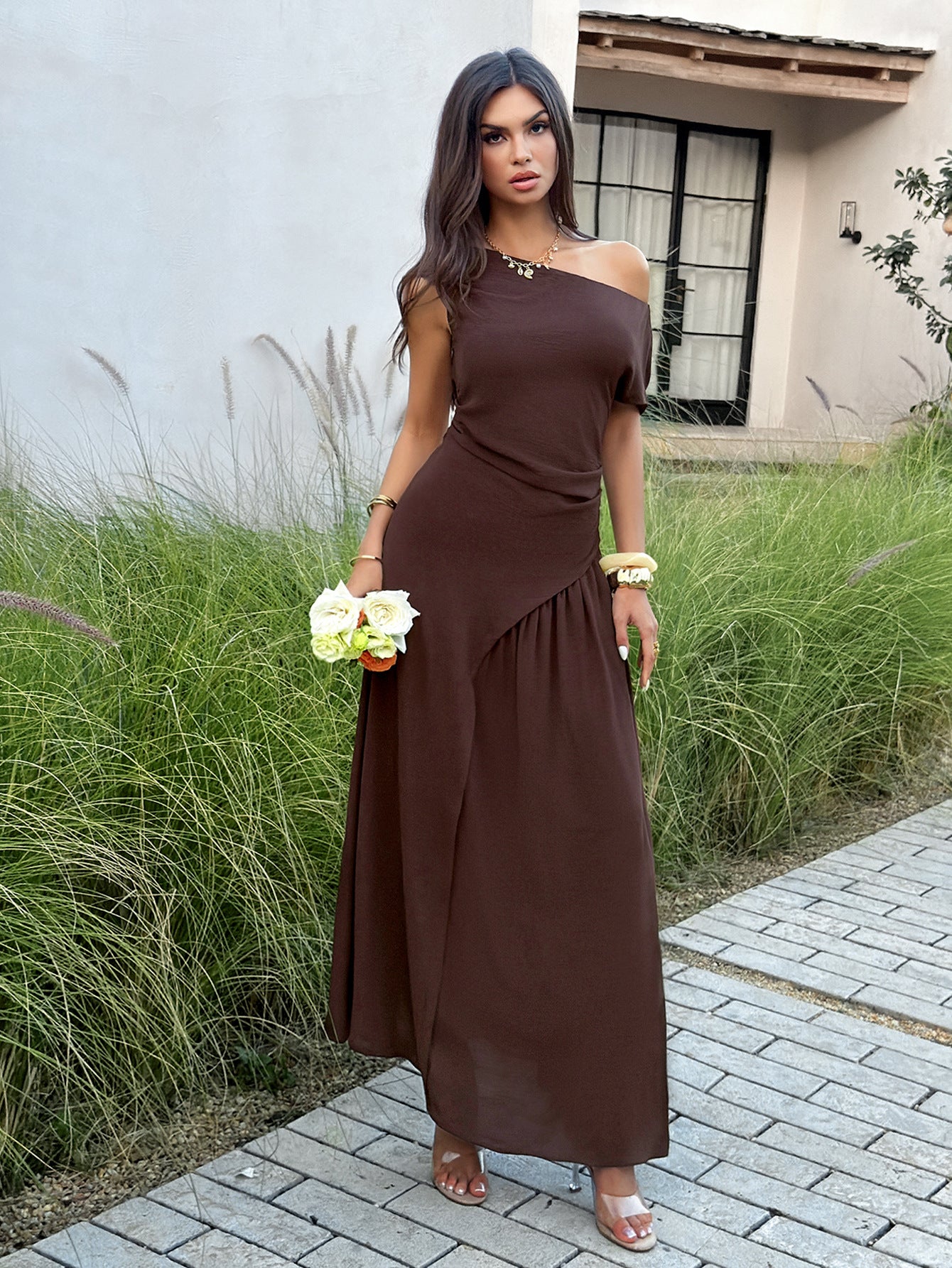 Chic Off-Shoulder Brown Maxi Dress