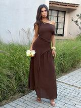 Chic Off-Shoulder Brown Maxi Dress