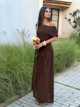Chic Off-Shoulder Brown Maxi Dress