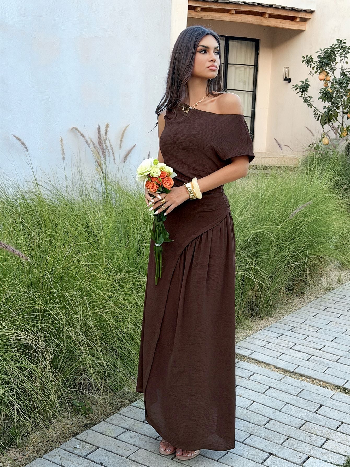 Chic Off-Shoulder Brown Maxi Dress