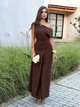 Chic Off-Shoulder Brown Maxi Dress