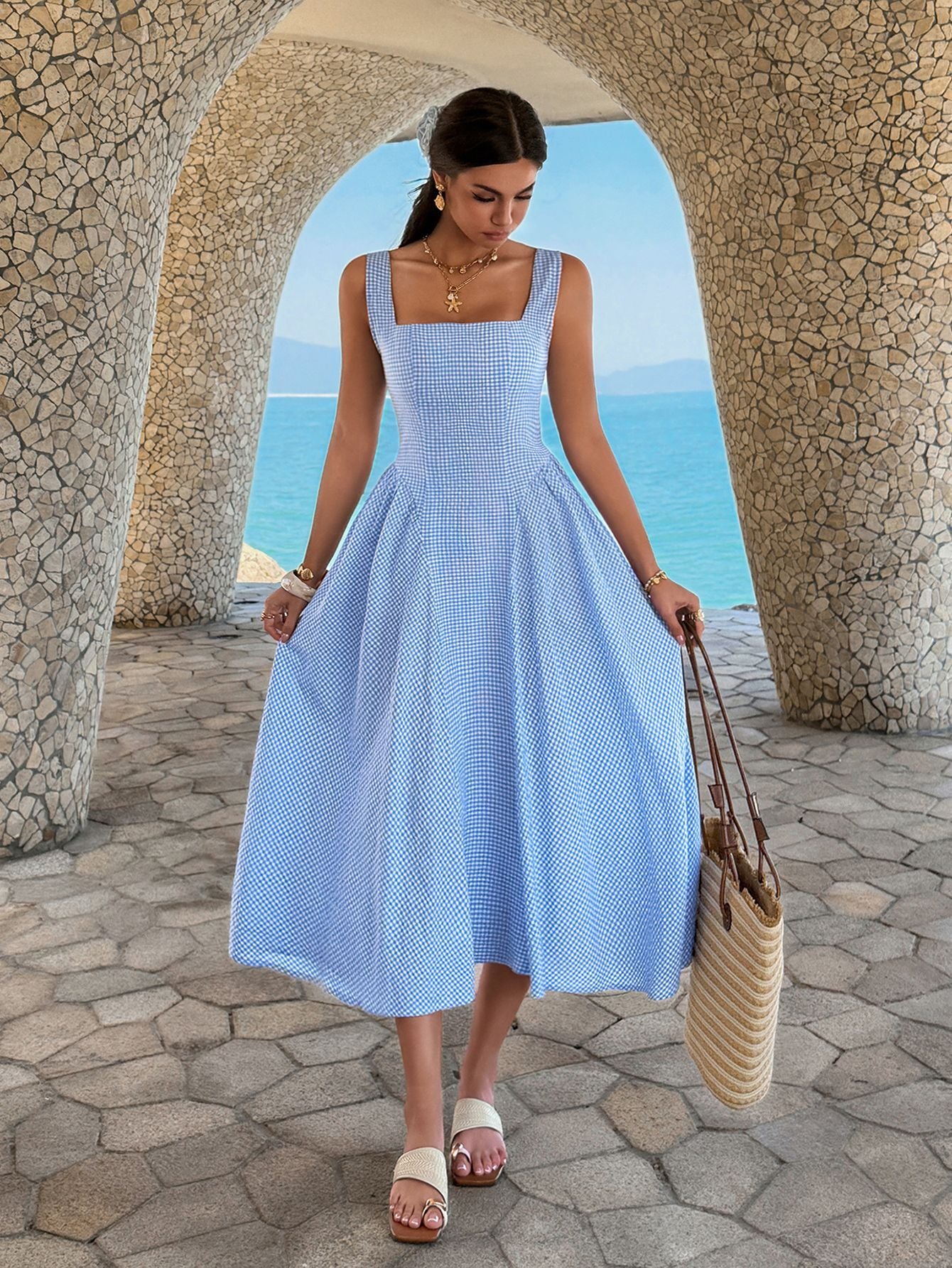 Elegant Blue Gingham Midi Dress