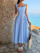 Elegant Blue Gingham Midi Dress