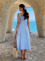 Elegant Blue Gingham Midi Dress