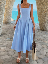 Elegant Blue Gingham Midi Dress