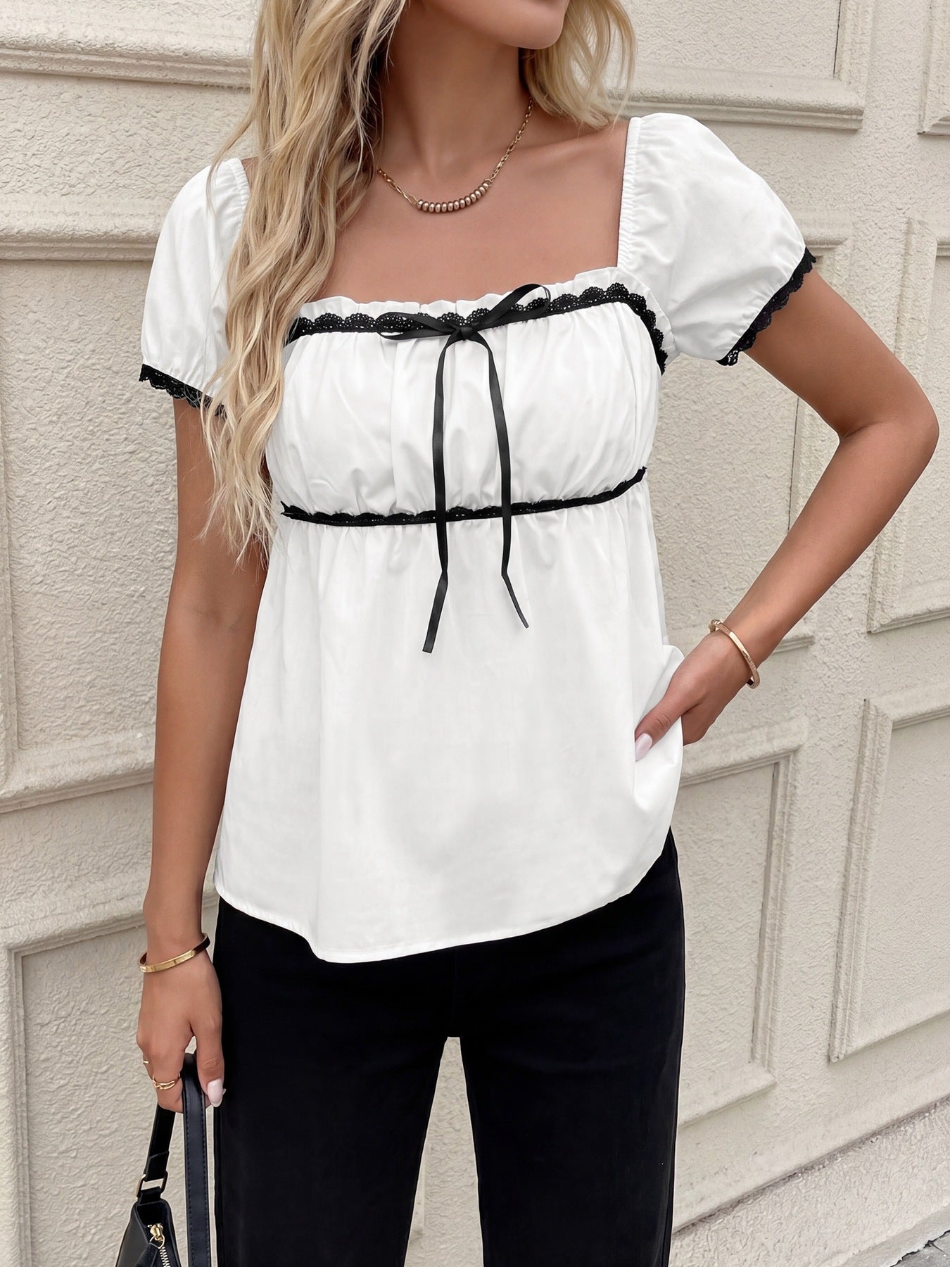 Blouse with Trim & Ribbon Detail