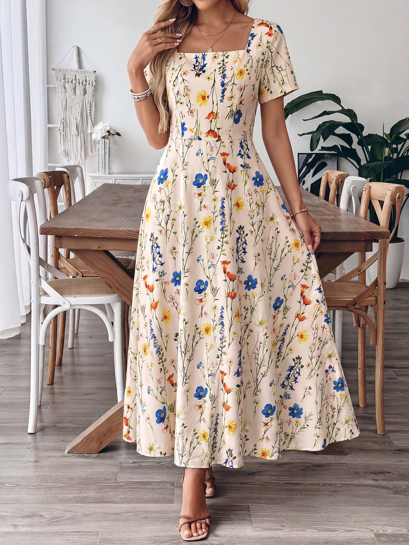 Floral Print Square-Neck Maxi Dress