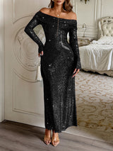 Off-Shoulder Sequin Maxi Dress