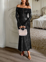 Off-Shoulder Sequin Maxi Dress