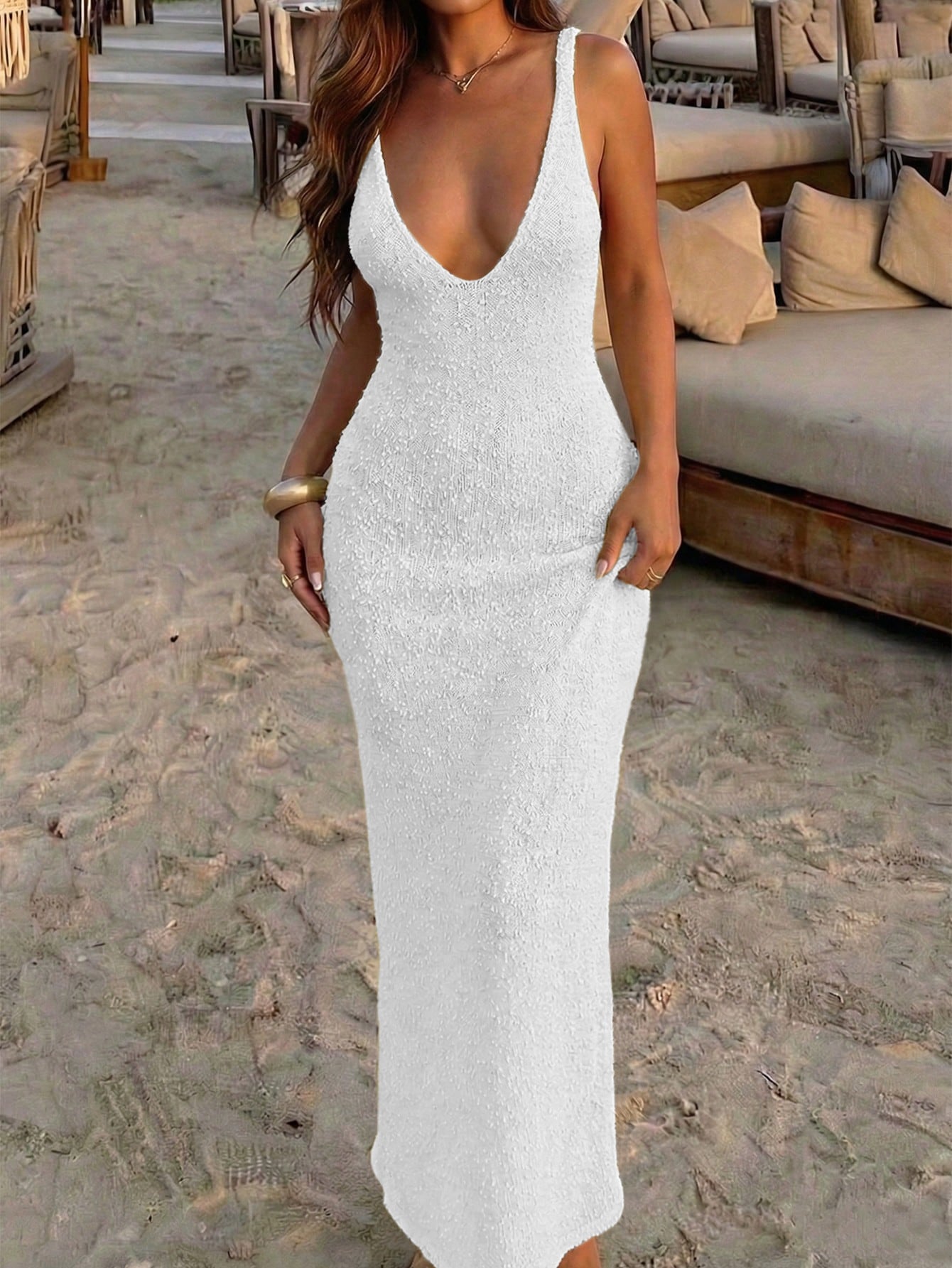 White Maxi Dress with Deep V-Neck