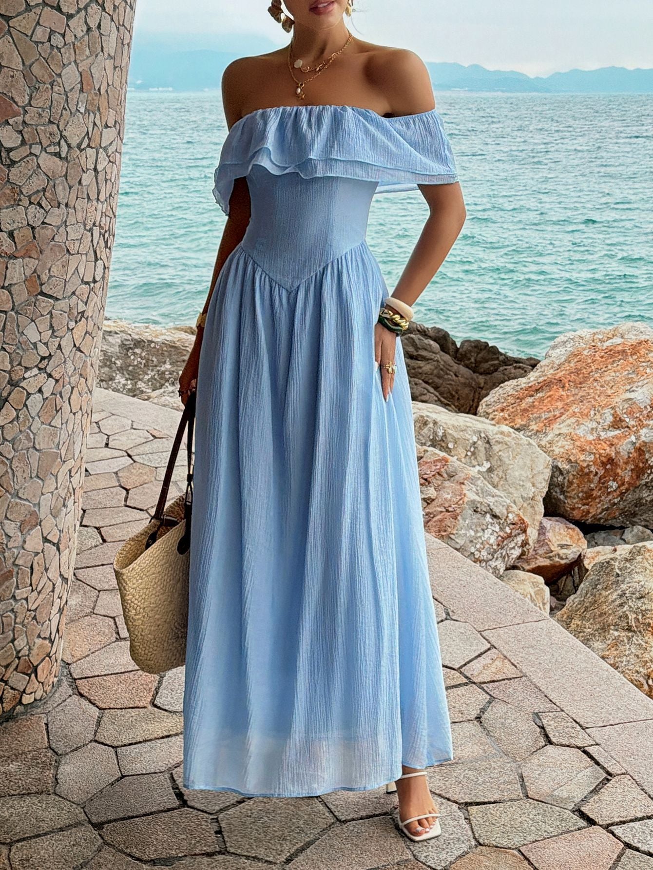 Off-Shoulder Maxi Dress with Ruffle Detailing