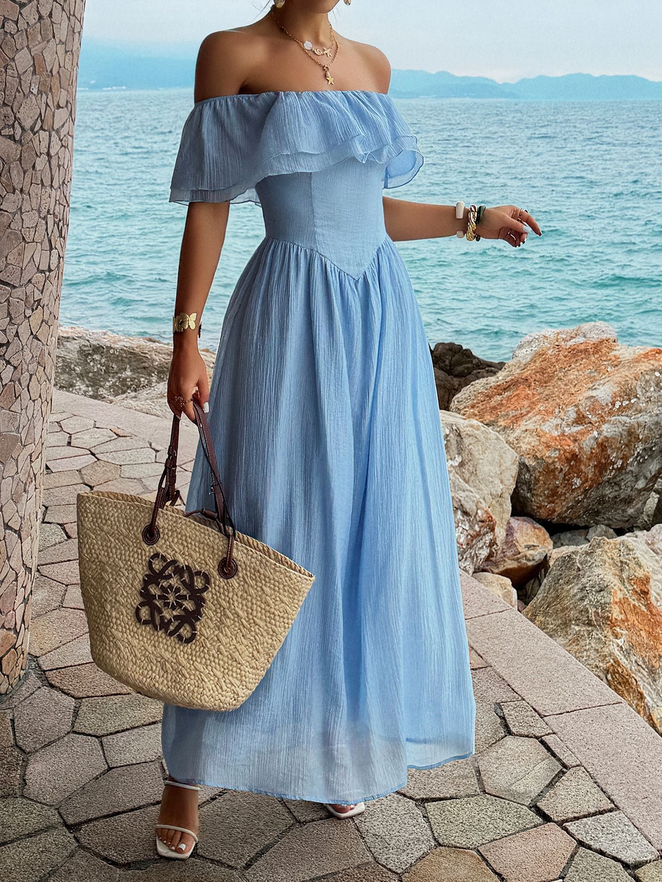Off-Shoulder Maxi Dress with Ruffle Detailing