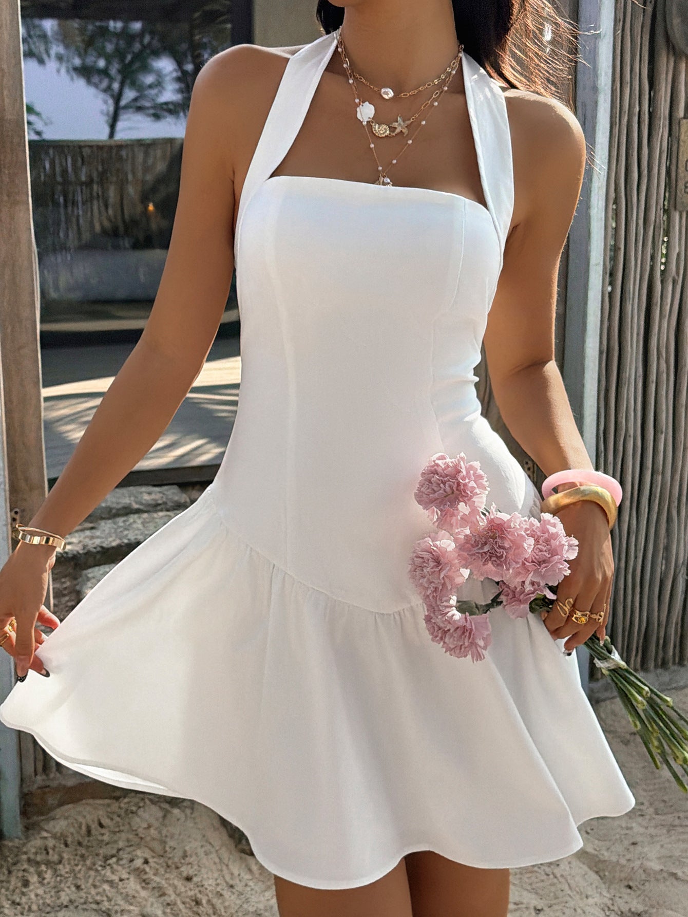 Summer White Dress with Flowy Skirt