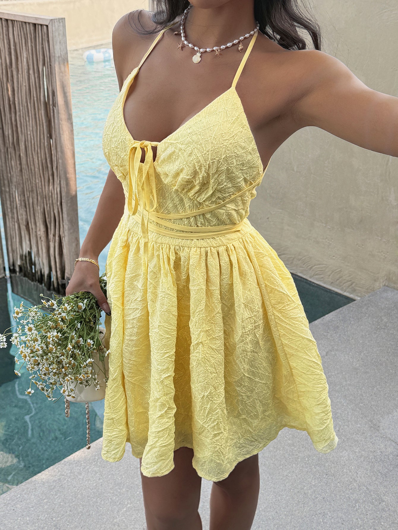Yellow Crinkled Tie-Front Summer Dress