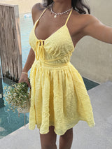 Yellow Crinkled Tie-Front Summer Dress
