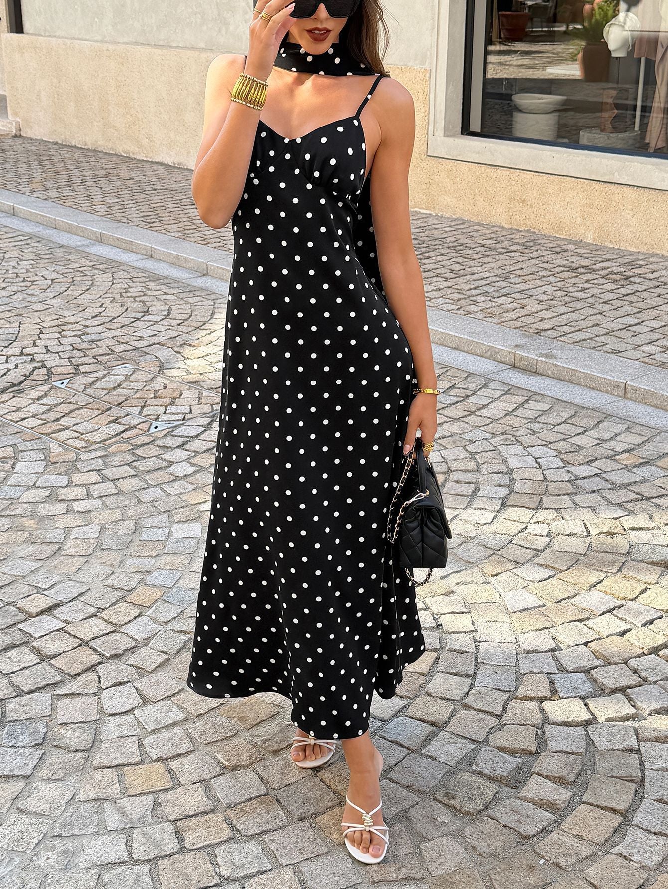 Polka Dot Maxi Dress with Spaghetti Straps
