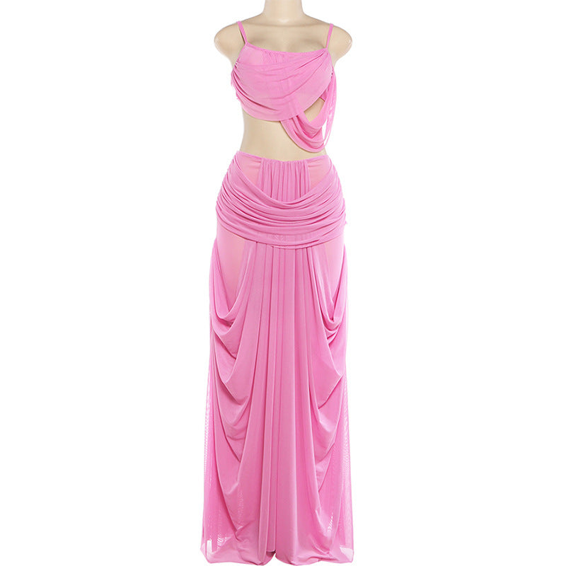 Elegant Pink Draped Cut-Out Two-Piece Set