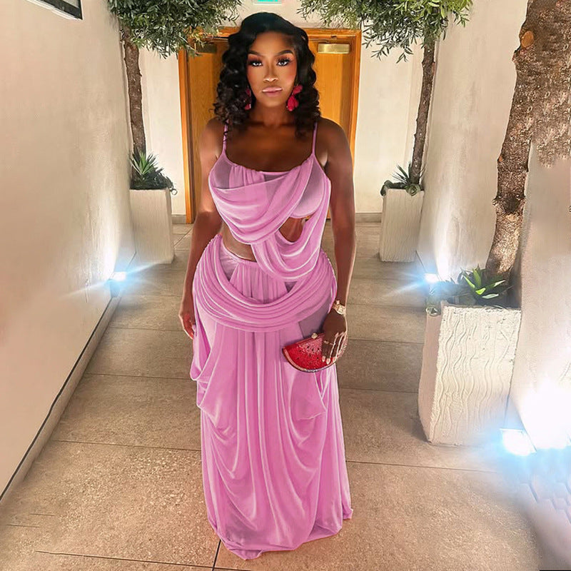 Elegant Pink Draped Cut-Out Two-Piece Set