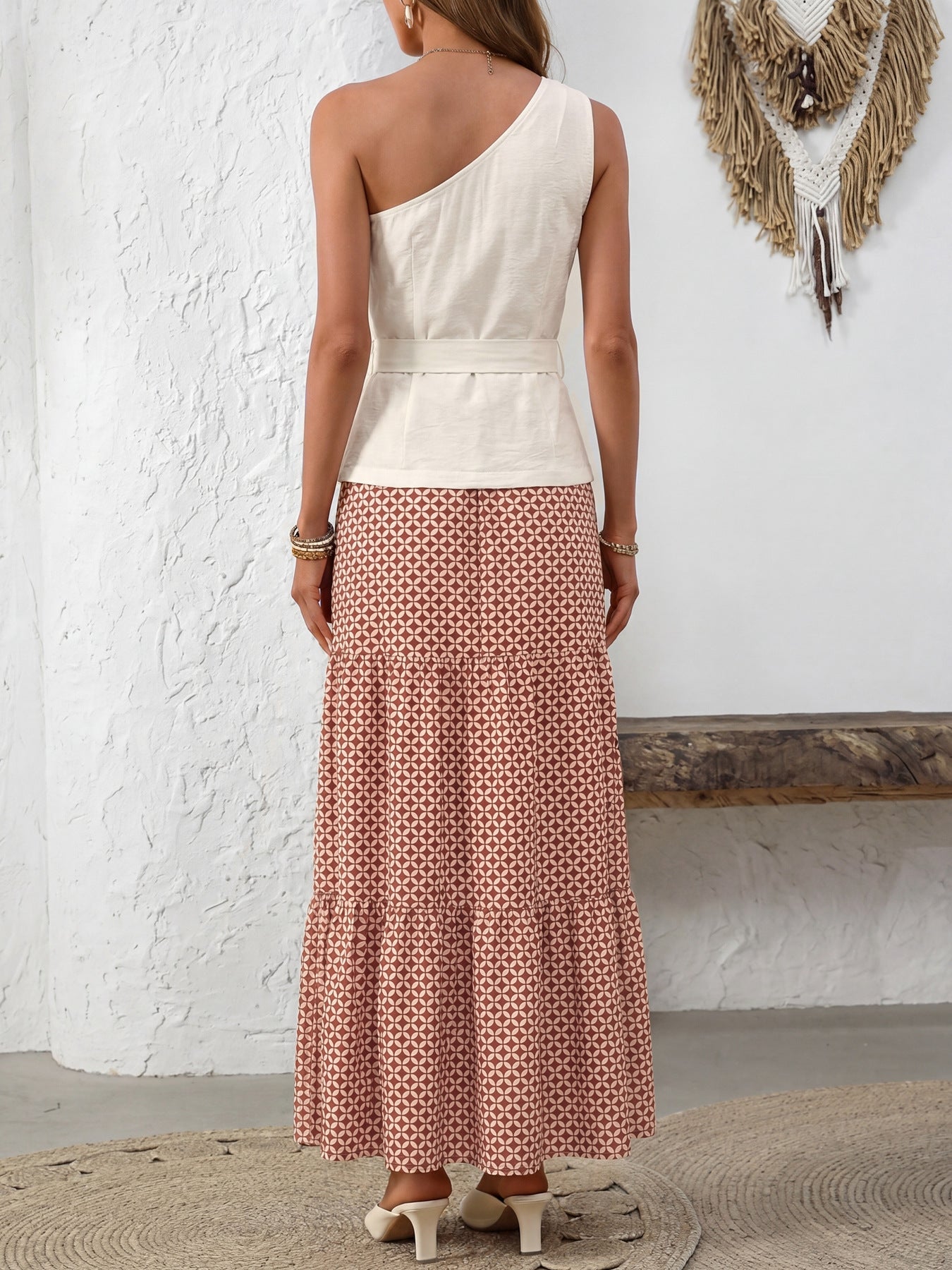 One-Shoulder Top with Geometric Maxi Skirt