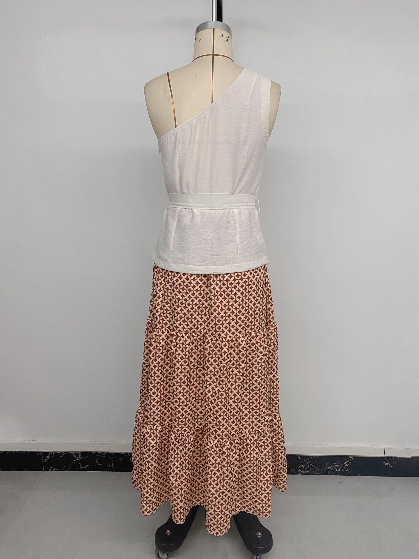 One-Shoulder Top with Geometric Maxi Skirt