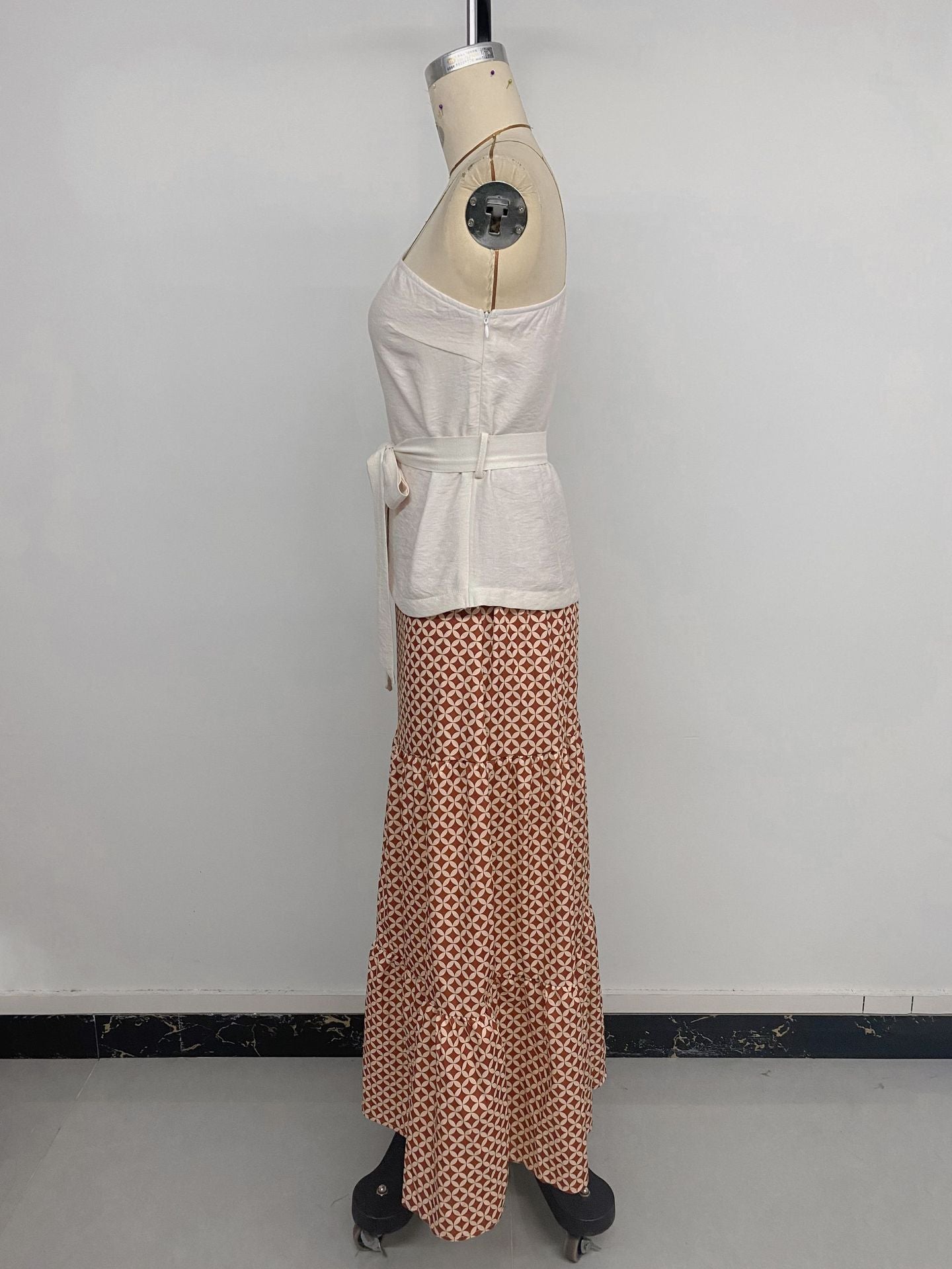 One-Shoulder Top with Geometric Maxi Skirt