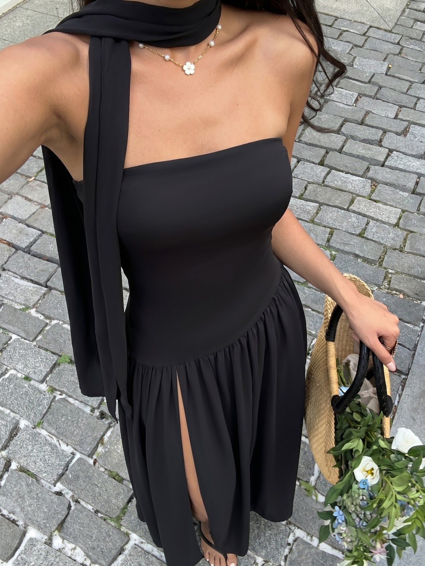 Strapless Maxi Dress with Scarf Detail
