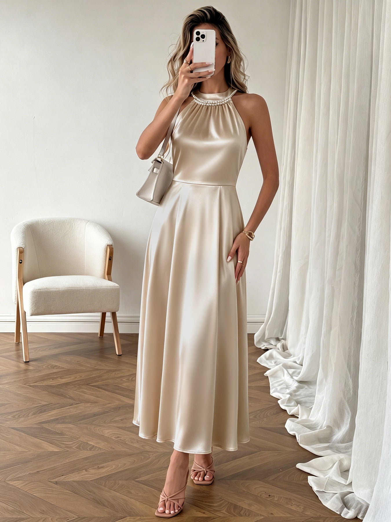 Halter Maxi Dress with Pearl Neckline