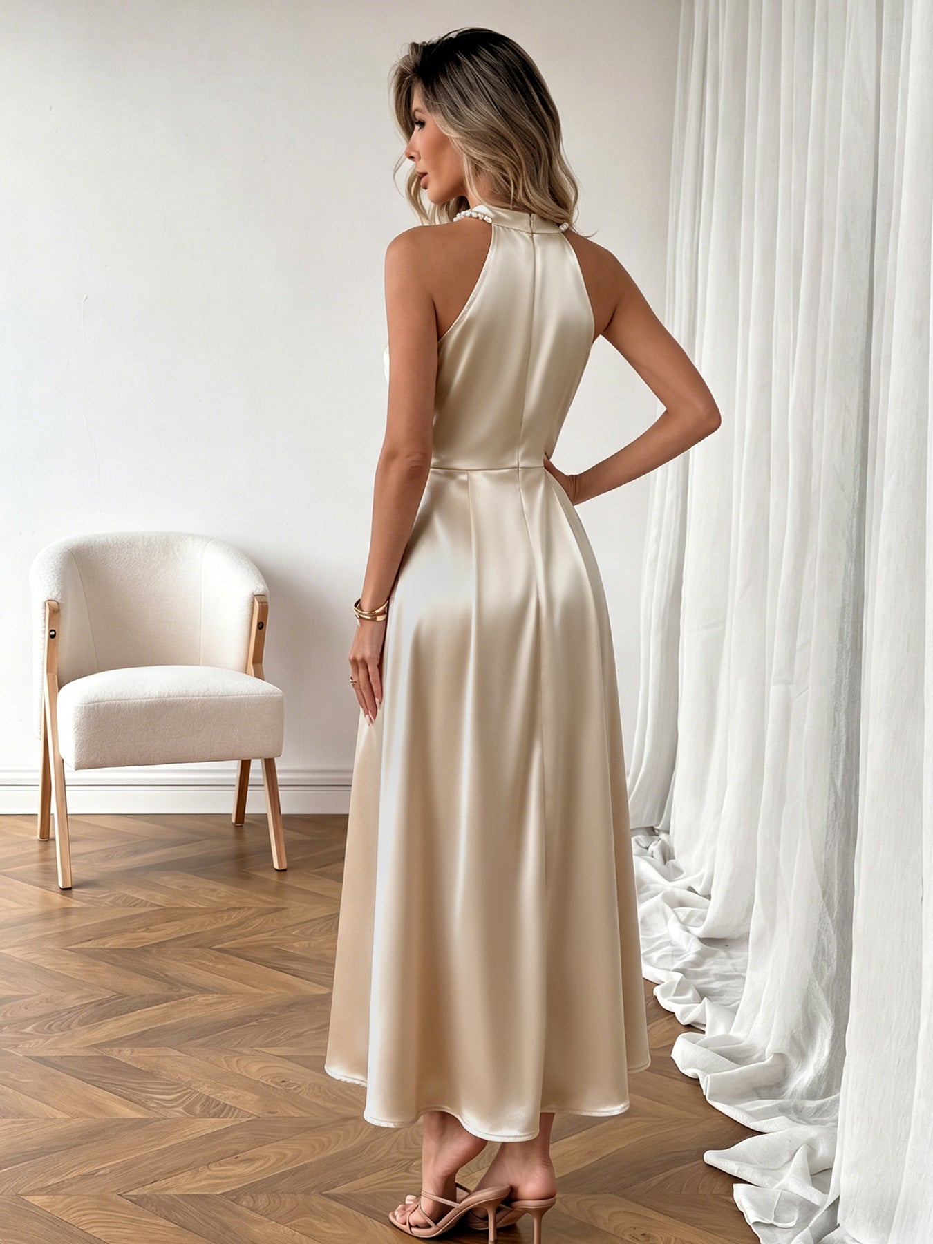 Halter Maxi Dress with Pearl Neckline