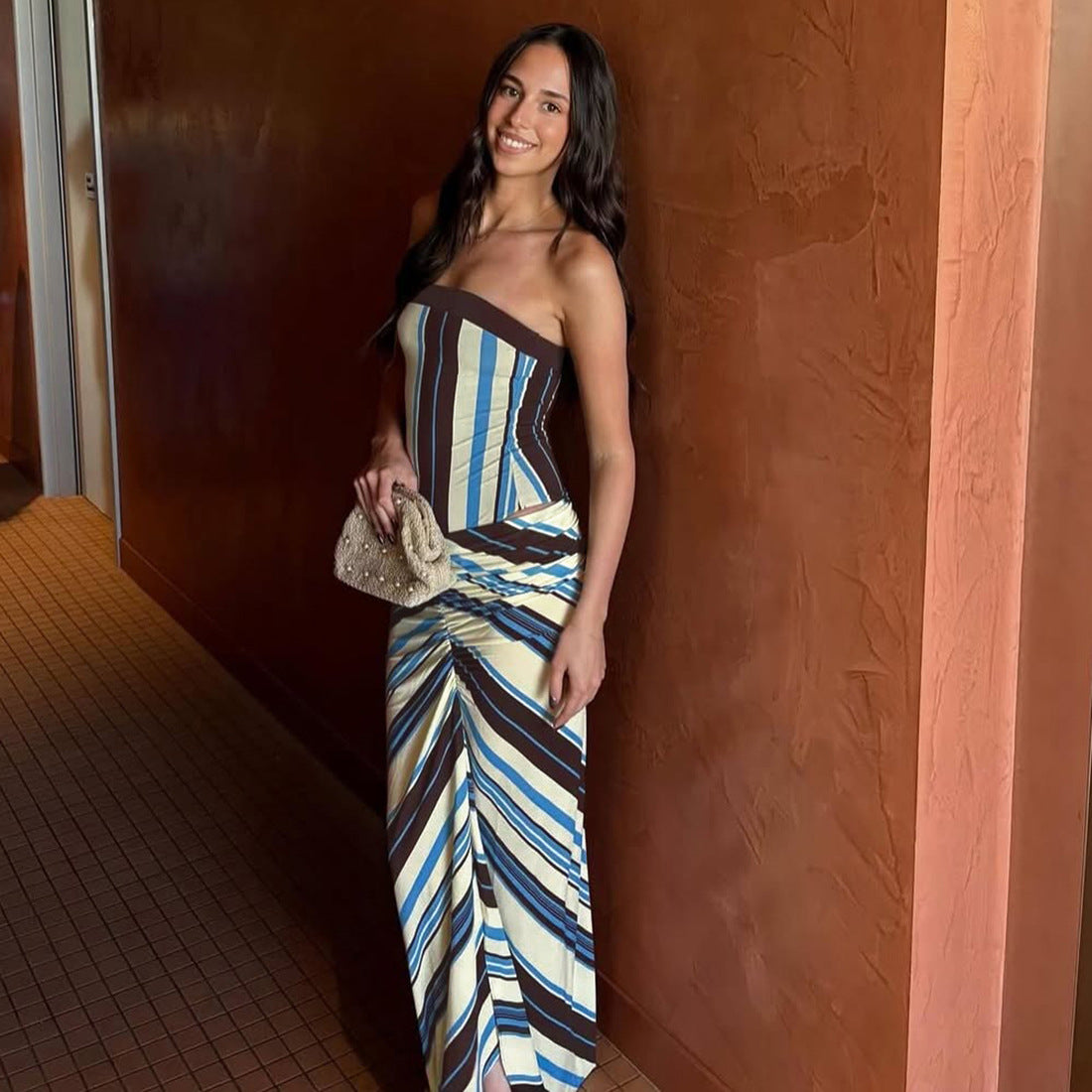 Strapless Striped Maxi Dress