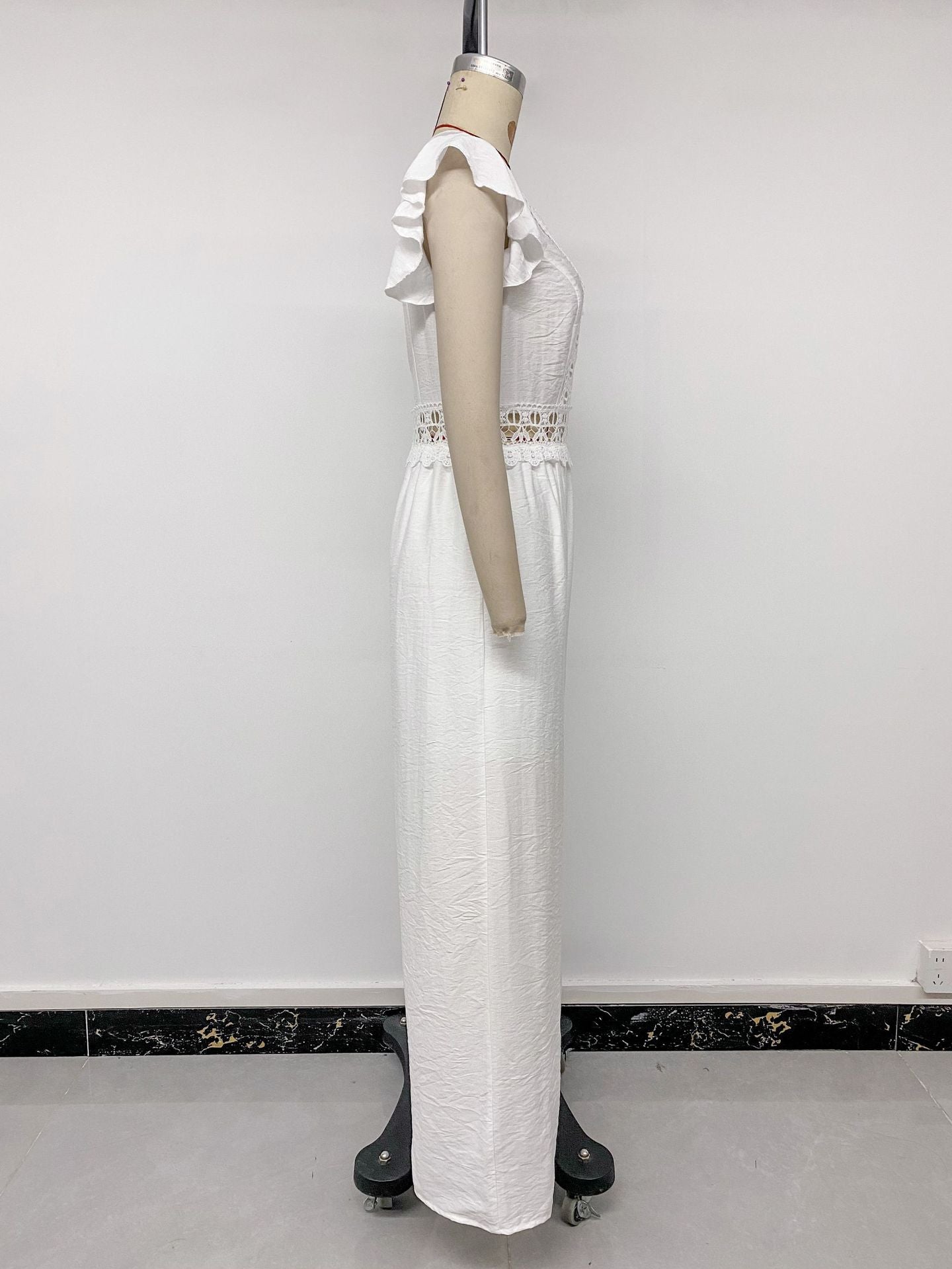 Crochet-Trim Jumpsuit with Ruffled Sleeves