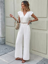 Crochet-Trim Jumpsuit with Ruffled Sleeves