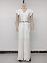 Crochet-Trim Jumpsuit with Ruffled Sleeves